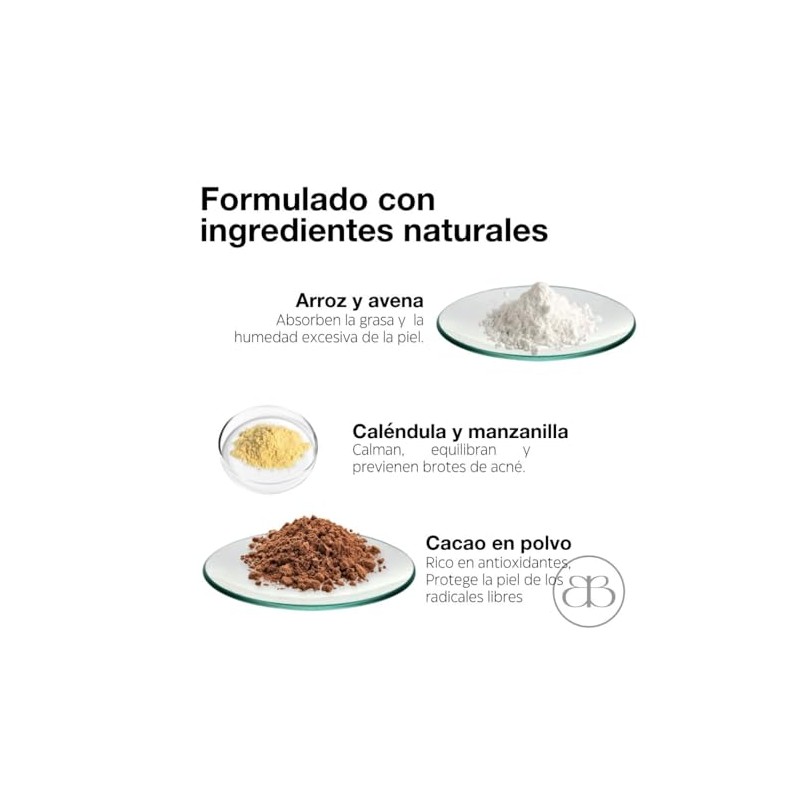Polvo matificante, control de grasa, Avena, Arroz, Caléndula, Vitamina C,