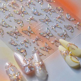 1 Sheets Butterfly Nail Stickers for Nail Art Self Adhesive Embossed Laser Butterflies Nail Art Stickers Gold Line Bow Nail Decals Design Supplies for Women Girl DIY Nail Decoration