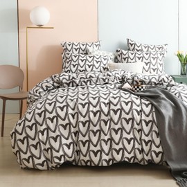 Freyamy Bed Linen, 135 x 200 cm, 2-piece Set, Black and White Hearts Bed Linen Sets, Soft, Brushed Microfibre, Reversible, Romantic Single Bed Duvet Cover with Zip and Pillowcase, 80 x 80 cm