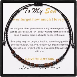 SUNSH Morse Code Bracelet I Love You for My Son Grandson Husband Friend Adjustable Bracelet with Wooden Beads Stainless Steel Fashion Inspirational Jewellery Gift, Stainless Steel, No gemstone