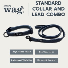 Henry Wag Medium Standard Collar & Large Lead Combo – Adjustable, Reflective, Soft-Feel Fabric, Sustainable, Grey & Blue