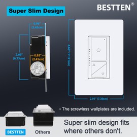 [5 Pack] BESTTEN Super Slim Digital Dimmer with Air Gap Power Cut Off Switch, 3 Button Control, Single Pole or 3 Way Dimmer Light Switch with Screwless Wallplate, ETL Listed, Snow White