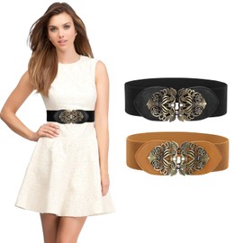 LEACOOLKEY Women’s Wide Elastic Waist Belt for Dresses Thick Elastic Stretchy Belt Vintage Cinch Belt with Brass Buckle（2 Packs，Black+Brown，90 cm (Suitable for waist size 42"-48 "))