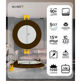 NUWATT 6 Pack, 6 Inch Ultra-Thin Bronze LED Recessed Lighting, 5CCT 2700K/3000K/3500K/4000K/5000K Selectable, 1050LM, 15W, IC Rated, Damp Rated, Dimmable Canless Slim Wafer Light with Metal J-Box, ETL