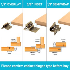 Antique Brass Inset Cabinet Door Hinges, 30 Pack (15 Pairs) 3/8" Self Closing Brass Hinges for Cabinet Doors, Kitchen Cabinet Hardware Hinges Brass