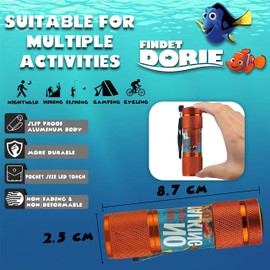 2Pk - Pink and Orange 9 LED Aluminium Torches, Minnie Mouse and Finding Dory Pocket Torches, 8.7cm Flashlight for Camping, Perfect for Kids Girls 3+Y