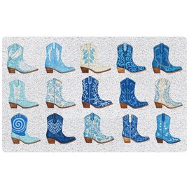 RYYCDOI Trendy Blue Western Door Mat, Preppy Coastal Cowgirl Boots Welcome Mats Doormat for Front Door Porch Indoor Outside Entrance Entryway, Western Bath Mat, 17x30 Inch