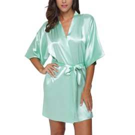 The Bund womens Pure Colour Short Kimono Robes with Oblique V-Neck Aquamarine Medium