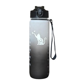 Fenmshairy Floral Cat Water Bottle 32 Oz – Leakproof BPA Free Sport Water Bottle with Straw & Carry Strap, Motivational Time Marker for Gym, Fitness, Outdoor, Travel, Office, Biking, Cat Lover Black