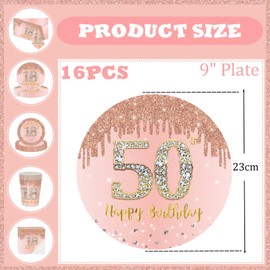 YAAVAAW Happy 50th Birthday Paper Plates 9'' Rose Gold, 16Pcs Womens Party Disposable Tableware, 50th Decorations for Women, Her Supplies Table