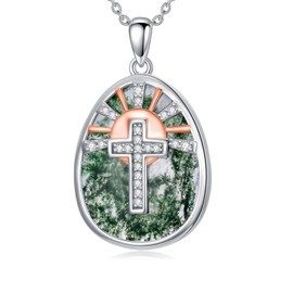 Moss Agate Cross Necklace for Women 925 Sterling Silver Sunrise Style Cross and Natural Moss Agate Pendant Necklace Blessing Protection Religious Jewelry Gifts for Women