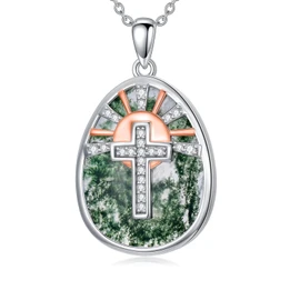 Moss Agate Cross Necklace for Women 925 Sterling Silver Sunrise Style Cross and Natural Moss Agate Pendant Necklace Blessing Protection Religious Jewelry Gifts for Women