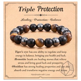 Seyaa - Pulsera de triple protección para el día de San Valentín, para hombre, genuina, con cuentas de ojo de tigre, hematita, ónix, lava y roca, para estrés, trae suerte, prosperidad y felicidad, 7.5