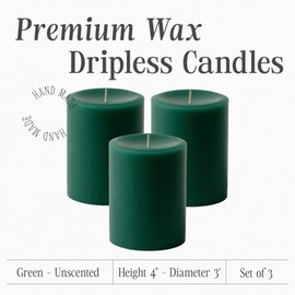 Mister Candle Dripless Unscented Pillar Candles, Set of 3 Hand Poured Solid Color Non-Scented Candles for Home Decor, Premium Wax, 60 Hr Burn Time - 3x4 Inch, Green