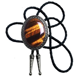Moranse Bolo Tie with Natural Tiger Eye Stone Celtic Style Genuine and Cowhide Rope(Tiger Eyes 1 Style)