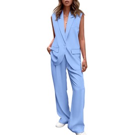 PRETTYGARDEN Womens Two Piece Outfits Sleeveless Blazer and Wide Leg Pants Suit Sets Business Casual Clothes (Light Blue,Large)