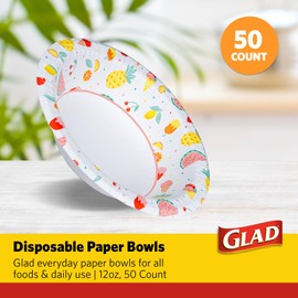Glad Round Disposable Paper Bowls, Picnic Design - Heavy Duty, Soak Proof, Cut-Resistant, Microwavable Bowl for All Foods & Daily Use, 12 Oz, 50 Count