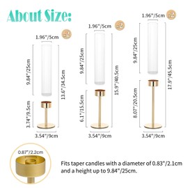 Glass Hurricane Candle Holders Set of 6,Brass Candlestick Holders,Taper Candlestick Holders,Elegant Dining Table Centerpiece for Wedding, Christmas & Home Decor-Ribbed