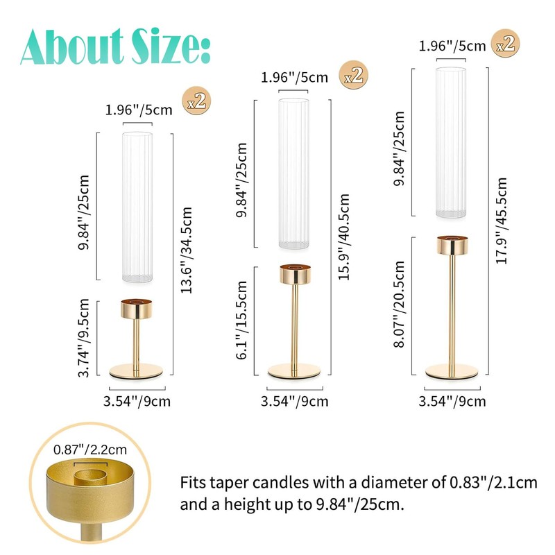 Glass Hurricane Candle Holders Set of 6,Brass Candlestick Holders,Taper Candlestick