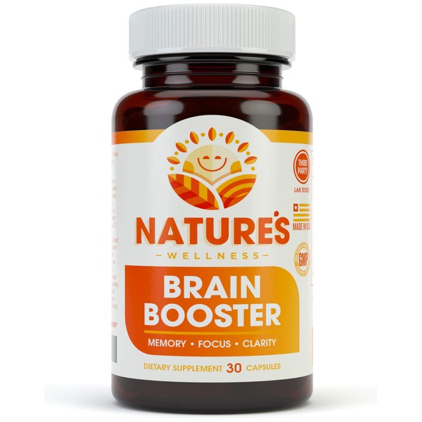 Natures Wellness Brain Booster | Natural Cognitive Enhancer for Increased Focus, Memory and Mental Clarity | Nootropics Brain Supplement | DMAE, Rhodiola Rosea Extract, Bacopa Monnieri, Ginkgo Biloba
