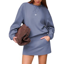 EXLURA Women 2 Piece Sets Cotton Tracksuits Workout Set Crewneck Sweatshirt Skort Short Skirt Fall Tennis Sweat Suits Pockets