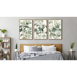 Large Framed Canvas Wall Art - Natural Float Framed Rustic Green Flowers Leaves Pictures Paintings White Grey Artwork Decor for Bedroom Living Room Kitchen Home Office Decoration 60" X 28" Set of 3