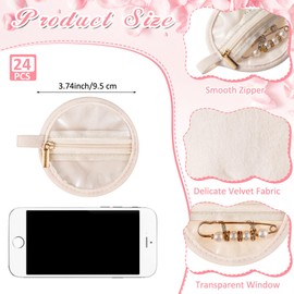 Uiifan 24 Pcs Travel Jewelry Bag 3.74 Inch Flannel Jewelry Pouch Portable Jewelry Organizer for Earrings Round Jewelry Case Zipper Pockets for Women Gift Bracelets Necklaces, Beige and Clear