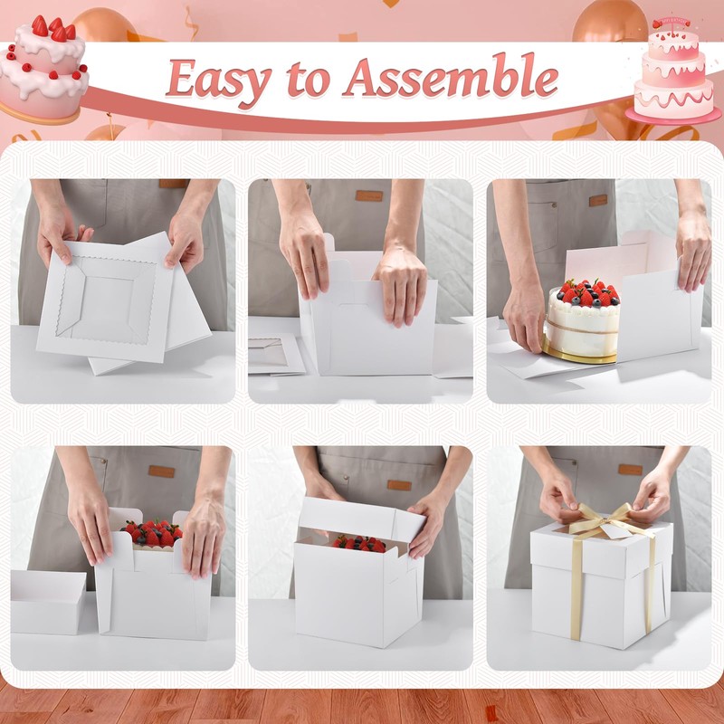 DOYIDE 24Pcs 8x8x8 Inch Cake Boxes, 12pcs White Bakery Boxes