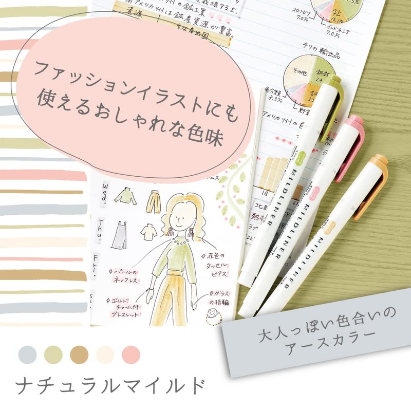 Zebra Mildliner WKT7-5C-NTC Highlighter, Natural Mild, 5 Colors Set