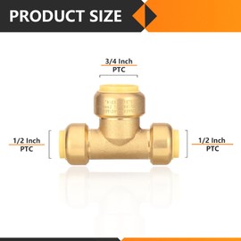 HeSun 1-Pack Pushfit Tee, 1/2"x1/2"x3/4" Push to Connect Plumbing Fittings with Disconnect Clips, Brass Push-fit Fittings for PEX, Copper, CPVC, PE-RT Pipes