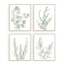 Maxee Botanical Wall Art Boho Sage Green Wall Decor for Bathroom Small Canvas Wall Art for Bedroom Eucalyptus Leaf Pictures for Bedroom Wall Decor (Set of 4, 8”x 10”,Unframed)
