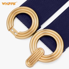 WHIPPY Women Wide Elastic Waist Belt Fashion Hollow Out Round Gold Buckle Stretchy Belt Waistband for Ladies, Navy Blue, XL