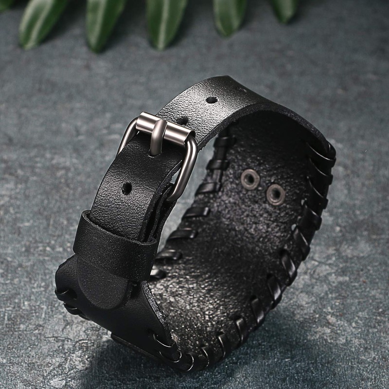 Flongo Leather Bracelet Men's Large Leather Bracelet Men's Bangle Viking