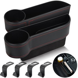 2 Set Car Seat Gap Organizer, Car Gap Filler Storage Boxes, PU Leather Front Seat Console Side Pocket Bags with Cup Holder 4 Hooks, Automotive Storage Box for Phone, Drinks, Cards, Sunglasses, Black