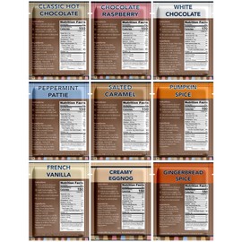 Double Donut Flavored Hot Chocolate Packets Variety Pack, 9 Count Includes Classic, White Chocolate, Chocolate Raspberry, Salted Caramel, Pumpkin, French Vanilla, Peppermint, Eggnog & Gingerbread