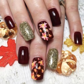 24Pcs Fall Press on Nails Medium Square Fake Nails with Maple Leaf Designs Gold Glitter Nails Acrylic Nail Autumn Leaf Full Cover False Nail Artificial Glue on Nail for Women Thanksgiving Manicure