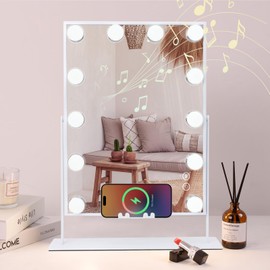 COOLJEEN Vanity Mirror with Lights and Bluetooth, Wireless Charging Lighted Vanity Mirror with Phone Holder, 12-Bulb 3 Color Lighting Tabletop Lighted Makeup Mirror, 360°Rotation