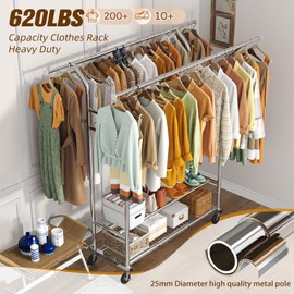 Simple Trending Heavy Duty Clothing Clothes Rack for Hanging, Rolling Double Rod Garment Rack Organizer with Wheels Load 620 LBS, Chrome