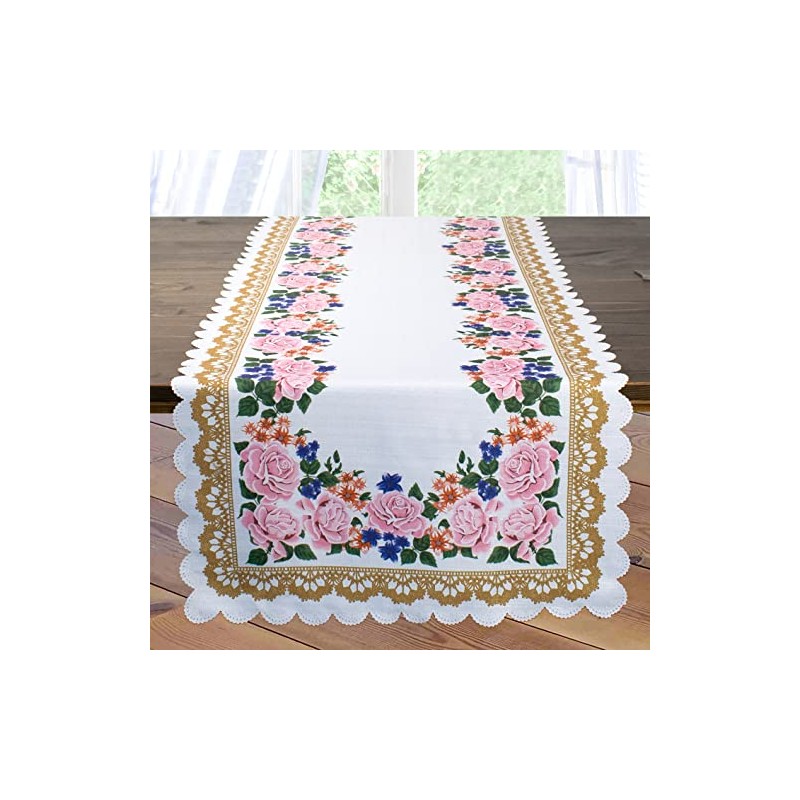 Table Runner Pink Roses White 40 x 140 cm Printed
