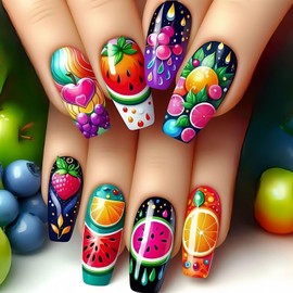 Coffin Press on Nails Medium Length Fake Nails with Fruit Design Colorful Acrylic Stick on Nails French Tip Glue on Nails Glossy Full Cover Artificial False Nails Reusable Nails Kit for Women Girls