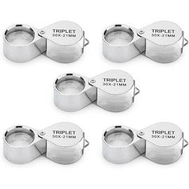 5 Pack Mini Pocket Magnifier 30X 21mm Jewelers Loupe Metal Round Body Jewelry Magnifying Glass Silver with Box