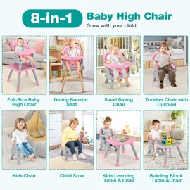 BABY JOY Baby High Chair, 8 in 1 Convertible Highchair for Babies & Toddlers | Booster Seat | Table and Chair Set | Building Block Table | Toddler Chair with Safety Harness, Removable Tray (Pink)