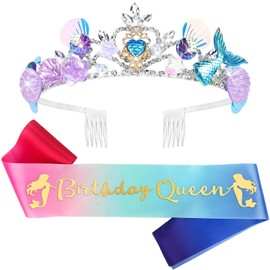 CIEHER Mermaid Crown and Birthday Queen Sash for Women Girls: Mermaid Birthday Decorations - Crown and Sash Set - Multi-colored - Unisex-Adults & Youth Girls