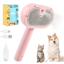 CyperGlory Electric Dog & Cat Spray Brush with Release Button: USB Rechargeable Self-Cleaning Pet Hair Grooming Comb with Mist for Shedding and Tangles - Suitable for Long & Short Fur Animals (Pink)