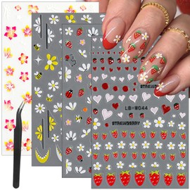 Summer Flower Nail Stickers for Nail Art Red Strawberry Nail Art Stickers Design Daisy Heart Bee French Tip Nail Decals Self-Adhesive Embossed Cute Nail Decoration Supplies for Women 4 Sheets