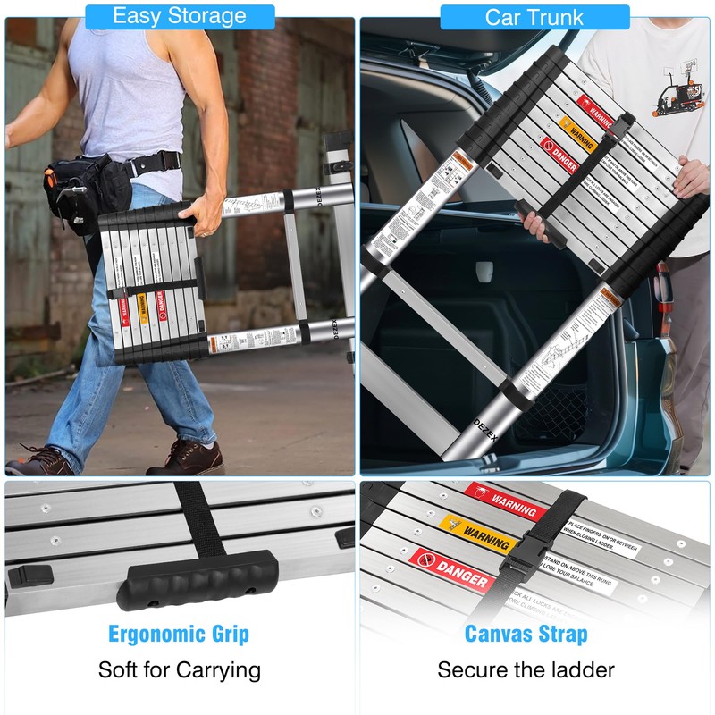 DEZEX 10.5 FT Stainless Steel Telescoping Ladders - One-Button Retraction