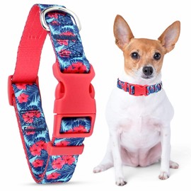 Parisian Pet Dog Collar - Adjustable “ Hibiscus “ Pattern Pink Girl Pet Collars for Dogs - Comfortable Cute Puppy Collar - Nylon, Breathable Small Dog Collar Female XS