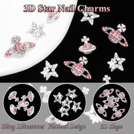 YAEISM 15PCS Star Nail Charms 3D Alloy Planet Nail Charms Crystal Pink Nail Gems and Rhinestones for Nail Art and DIY Crafting Jewelry Making