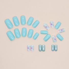 Blue Short Square Press On Nails Coffin Shape Full Cover Reusable False Nails with Glue, Stick On Nails with Flower Glitter Designs Artificial Fingernails Acrylic Fake Nails for Women, Glue on Nails