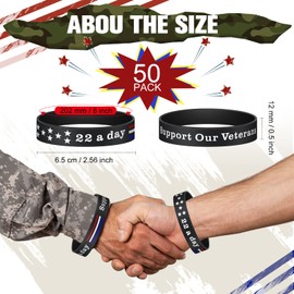 50 Pieces Memorial Day Silicone Bracelets Veteran's Day Rubber Wristband 22 a Day Support Our Veterans Military Silicone Bracelet Bulk for Men Women Flag Day Independence Day, 7.95 x 0.47 Inches